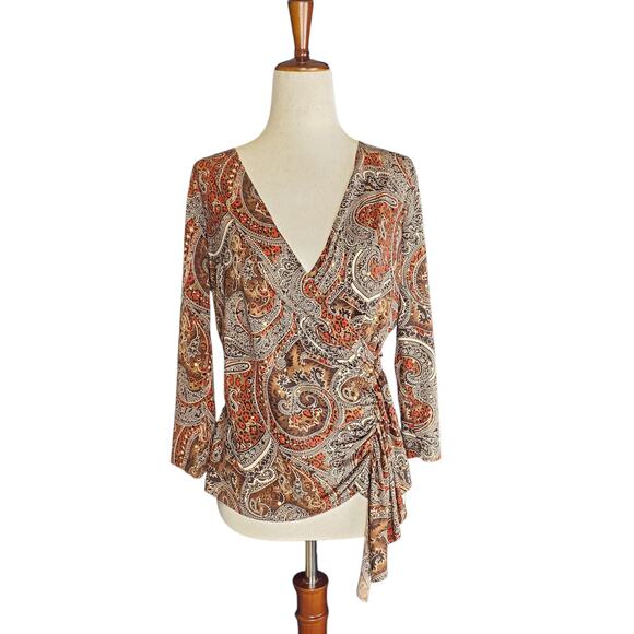 Y2k Fall Fairy Sequin Paisly 3/4 Sleeve Dressbarn Deep V Blouse- Small - Picture 1 of 7